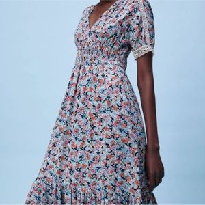 Zara Floral & Lace Ruffle Midi Dress - Size XS
